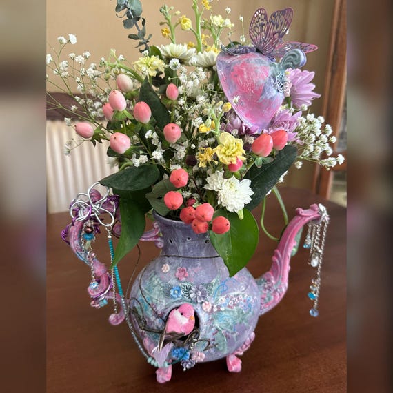 Hand Painted Vase / Hand Painted Tea Pot Vase / Hanging BoHo Bird House Vase / Repurposed Tea Pot Purple & Pink Vase / Hand Crafted Vase