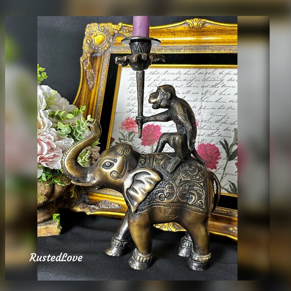 Bronze Elephant with Monkey Candle Holder / Vintage African Elephant Statue / Bronze Elephant Figurine / Bronze Elephant Candle Holder