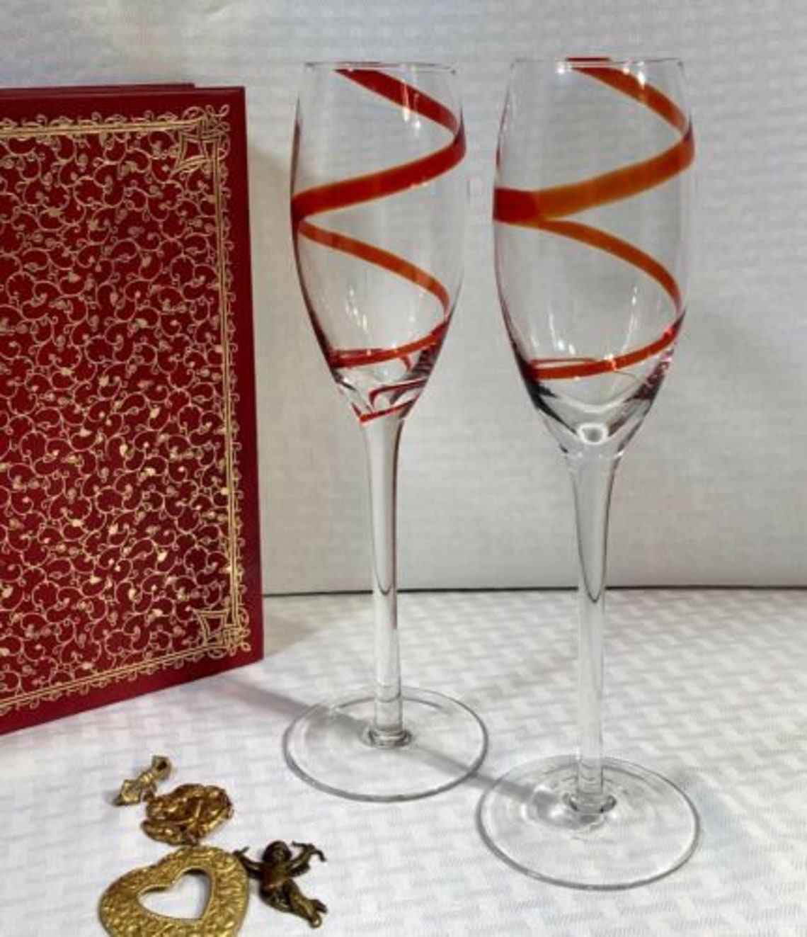 Champagne Flutes / Pier 1 Red Swirline / Toasting Flutes / Etsy