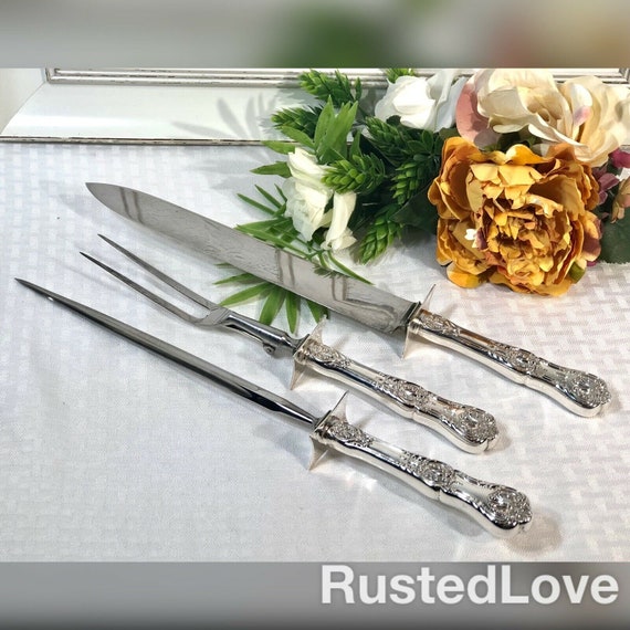 Antique Sterling Handled Carving Set / Sterling Silver Serving Pieces / Sterling Meat Fork, Knife and Sharpener / Silver Meat Carving Set