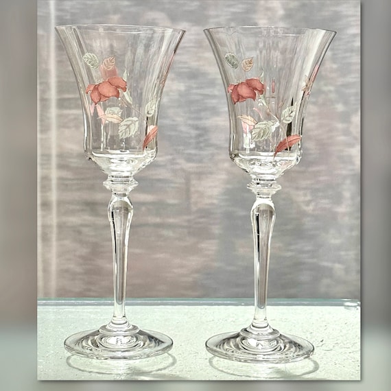 Mikasa Silk Flower Water Glasses / Mikasa Pink Floral Decal Glasses / Vintage Mikasa Blown Water Goblets / Mikasa Silk Flower Glasses - 2