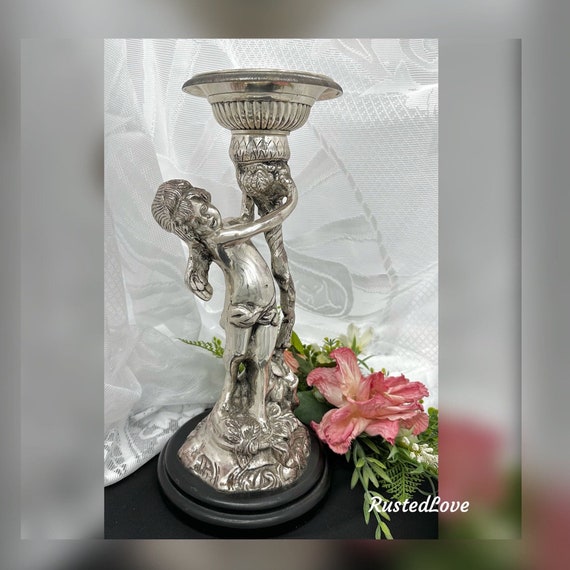 Candle Holder / Silver Electroplated / French Country Decor / Candlestick Holder / Victorian Candle Holder / Silver Cherub / Unique
