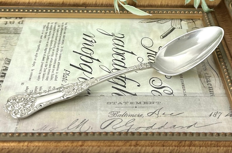 May include: A silver-toned metal spoon featuring an ornate, embossed floral and scrollwork pattern along the handle. The spoon has a smooth, polished oval bowl and a decorative, flared end, showcasing intricate detailing throughout the handle.