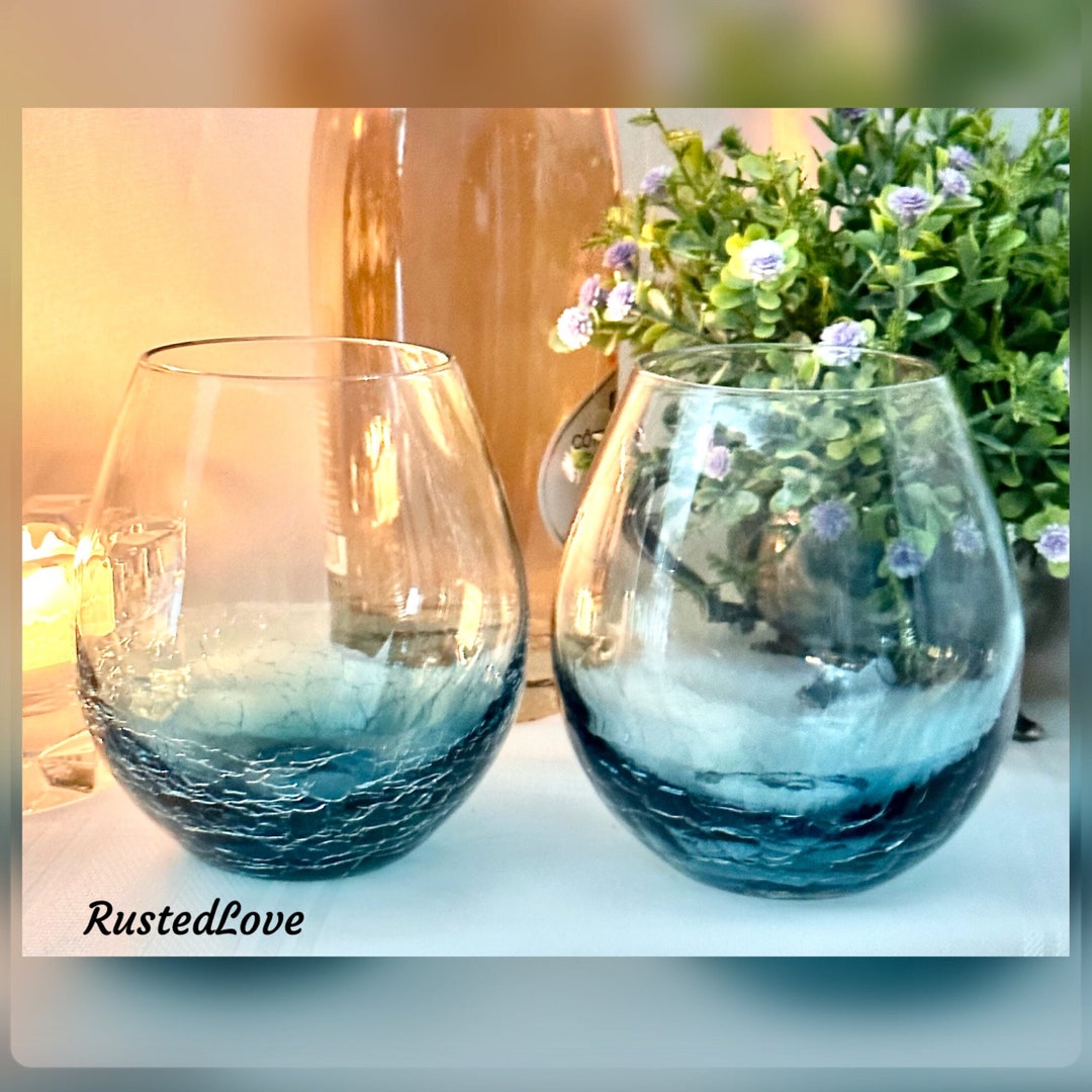 Pier 1 Crackle Stemless Wine Glasses / Pier 1 Teal Colored Wine Glass