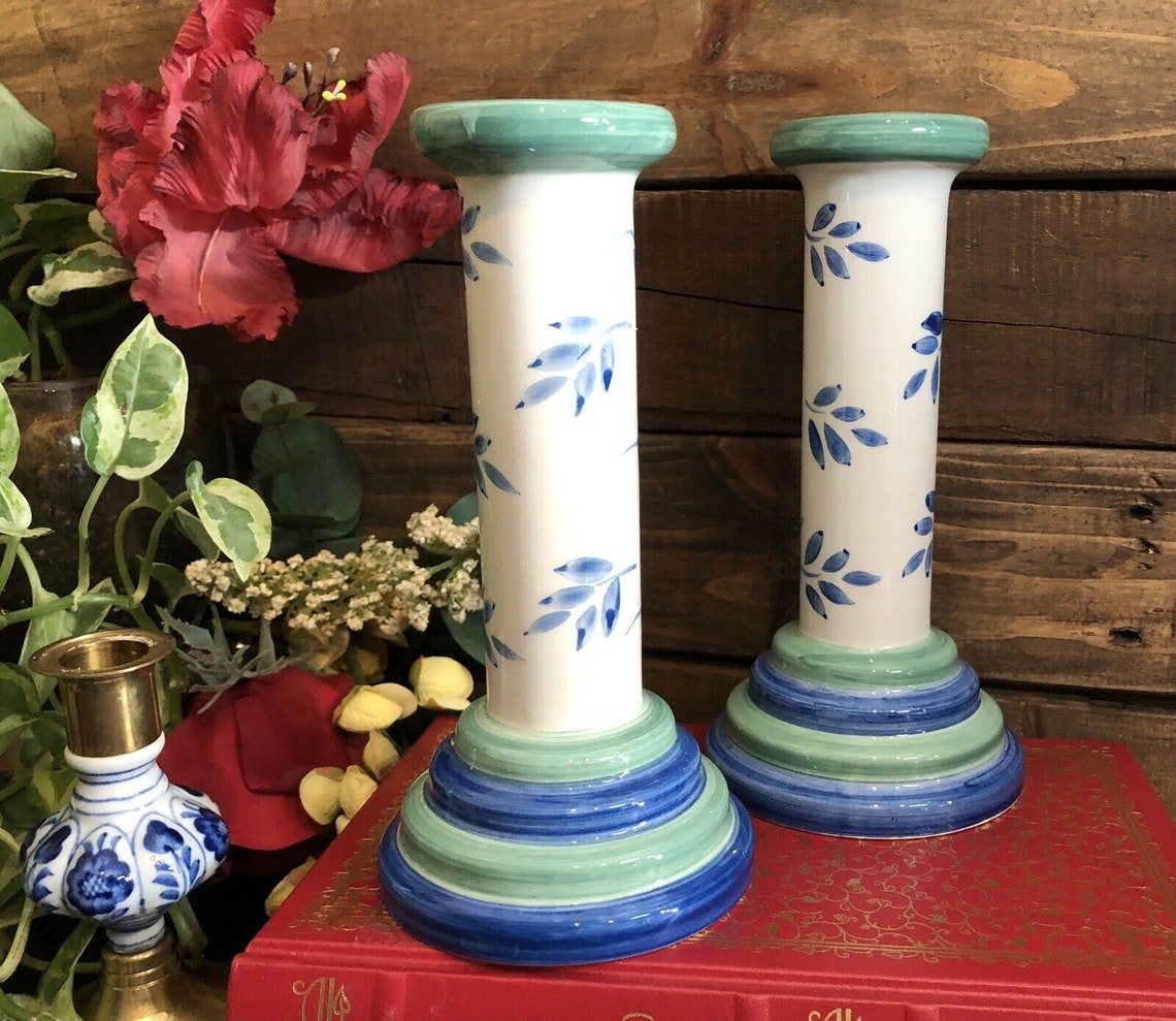 Candle holders set of 2 From Portugal hand painted Blue White Etsy