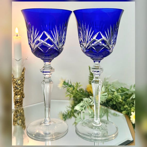 Gorham Cherrywood Cobalt Blue Wine Hocks / Vintage Bolt Stem Cut to Clear Wine Glasses / Cherrywood Gorham Blue Cut to Clear Wine Glasses