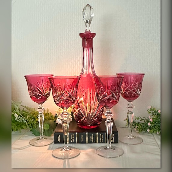 Ruby Red Gorham Cherrywood Decanter Set / Red Cherrywood Hock Wine Glasses / Gorham Ruby Red Cut to Clear Glassware Set / 5pc Barware Set