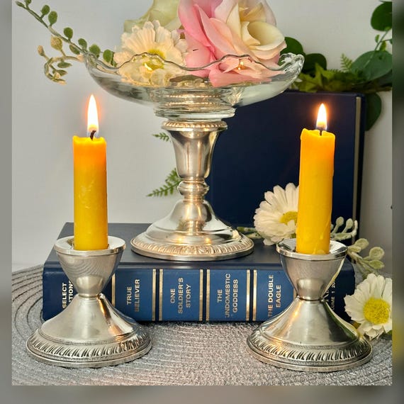 Vintage Sterling Silver Candlestick Holders & Compote Bowl / Classic Silver Candle Sticks with Footed Dish Centerpiece / Elegant Centerpiece