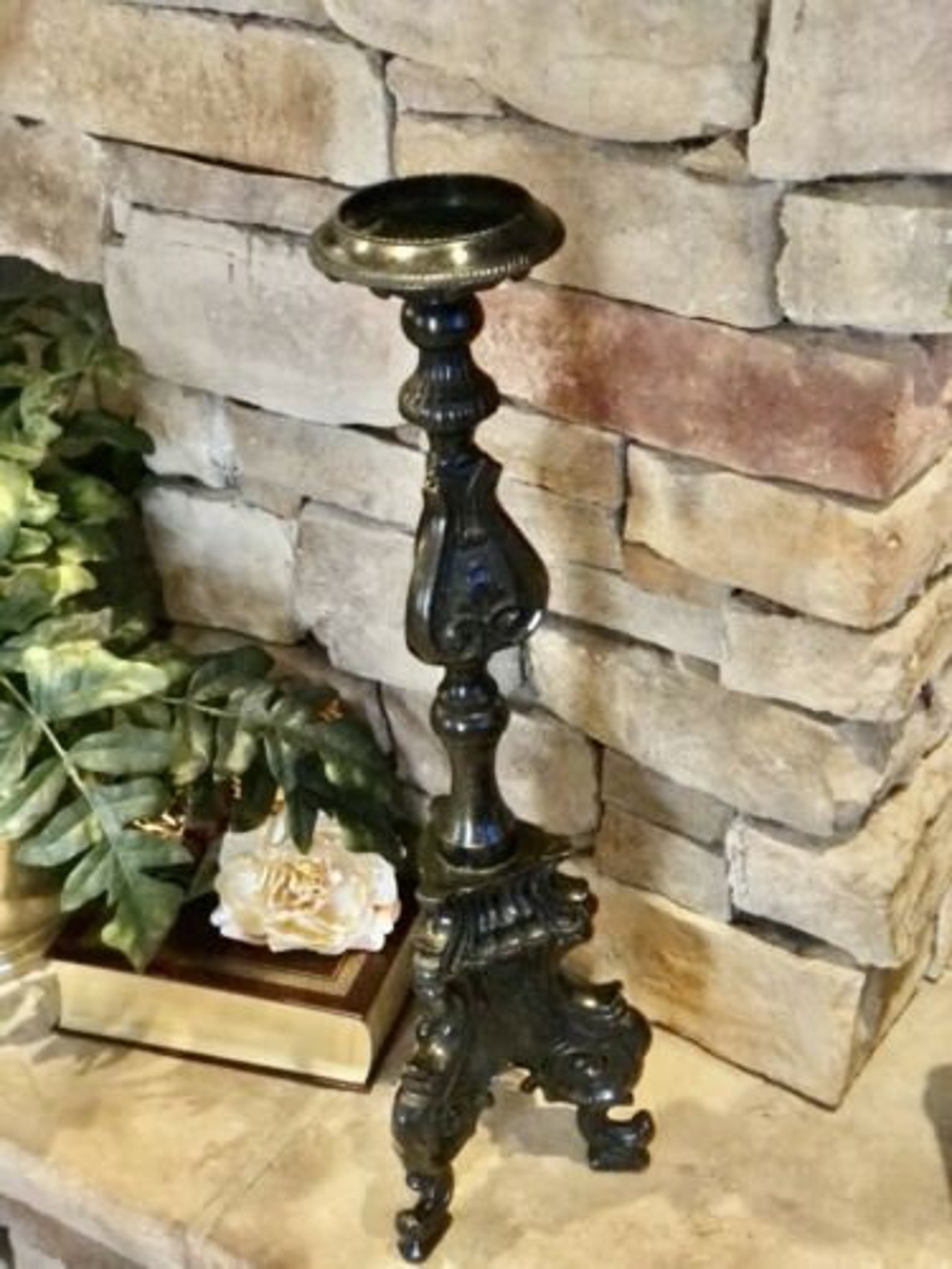 Floor Candle Holder Solid Brass Black Antiqued LG Heavy Hearth Etsy