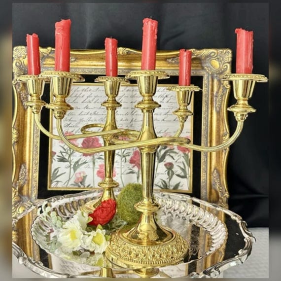 Vintage Gold Tone Twisted 3 Arm Candelabras Pair Gold Candle Holders Centerpiece