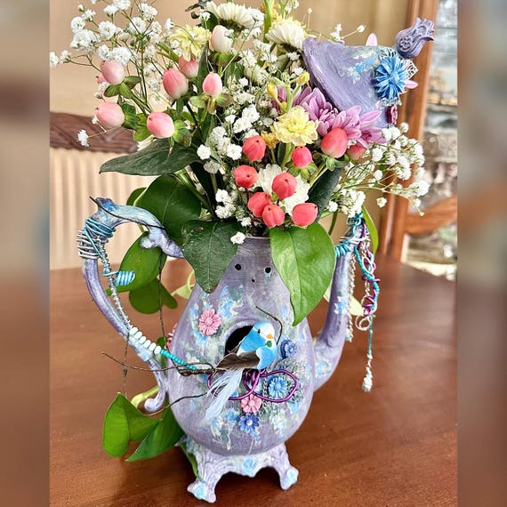 Hand Painted Vase / Hand Painted Tea Pot Vase / Hanging BoHo Bird House Vase / Repurposed Tea Pot Purple Vase / Hand Crafted Tea Pot Vase