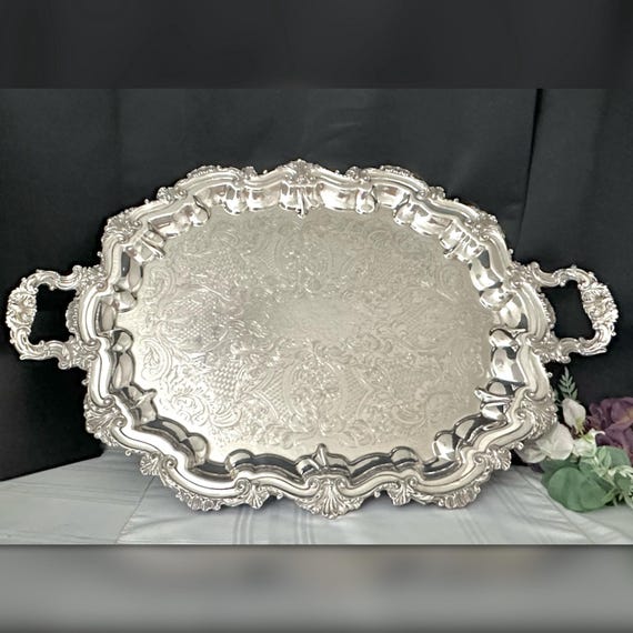 Silver Plated Serving Tray / Silverplated Footed Serving Tray / Victorian Styled Tea & Coffee Service Tray / Handled Coffee Serving Tray