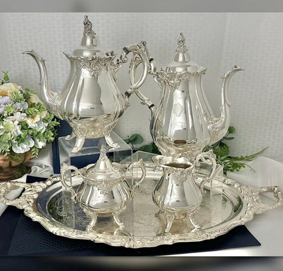 Wallace Baroque Silver Plate Tea and Coffee Set/ Baroque Tea Set  w/ Footed Tray / Wallace Silver Plated Tea Set / Silver Plated Coffee Set