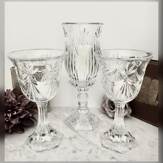 Set of 3 Hurricane Candle Holders Vintage Glass Centerpiece Decor