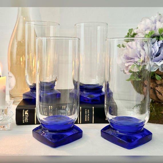 Cobalt Bormioli Rocco Isbisco Tall Tumblers / Bormioli Rocco Blue Footed Tall Tumblers / Vintage Isbisco Cobalt Footed Glasses / 4 Tumblers