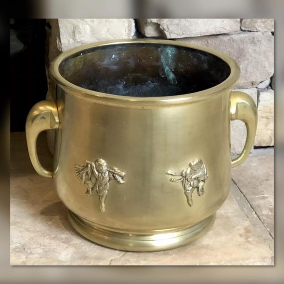 Solid Brass Planter / Elephant Handled Pot / Monkey Decorated Planter / Solid Brass Planter / Vintage Home Decor / Indoor Brass Planter