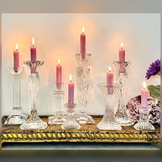 Vintage Crystal Candlesticks Set of 8 Mixed Glass Candle Holders