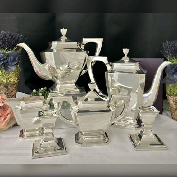 Sterling Silver Tea & Coffee Set / 950/1000 Silver Tea Set / Tea and Coffee Service with Candle Holders / Vintage Silver and Tea Set / 6 Pc