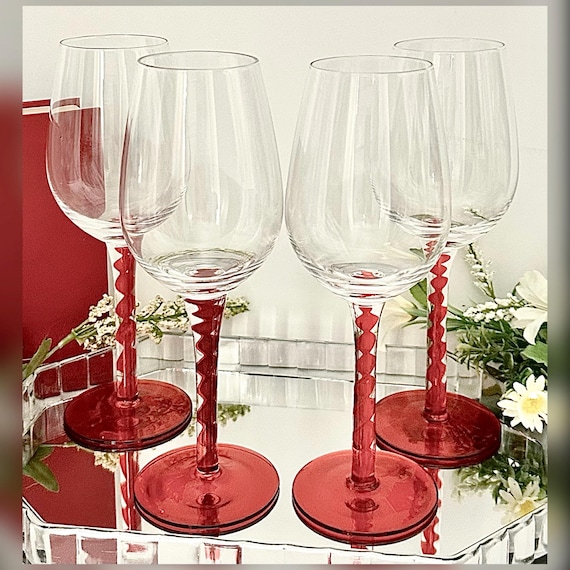 Vintage Red Swirl Stem Wine Glasses - Set of 4