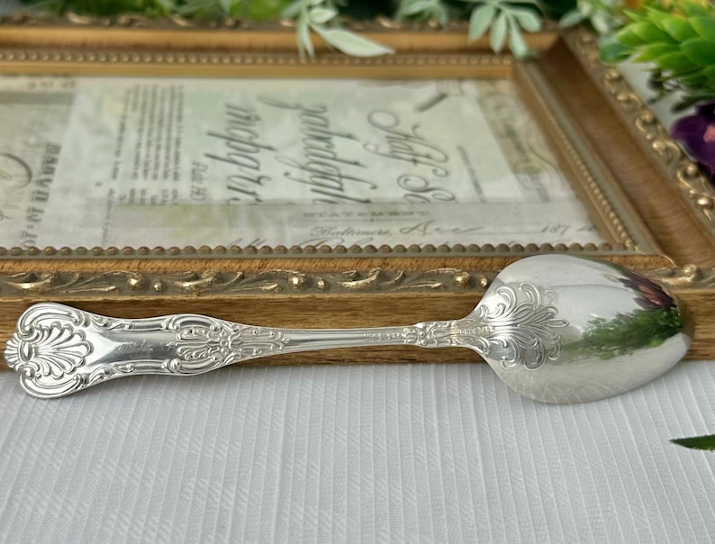 May include: A silver-toned metal spoon featuring an ornate, embossed floral and shell pattern along the handle and the base of the bowl. The spoon has a polished, reflective surface with intricate scrollwork detailing extending from the handle.