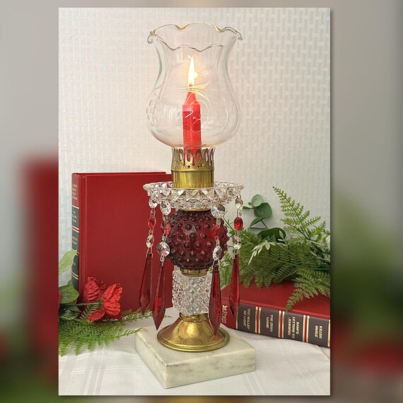 Vintage Hurricane Candle Holder / Etched Glass Hurricane & Red Hanging Crystals / Red Vintage Candle Holder / Glass Hurricane Candle Holder