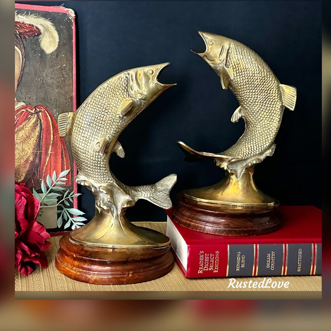 Solid Brass Fish Bookends / Bass Fish Statues / Carp Book Ends Vintage