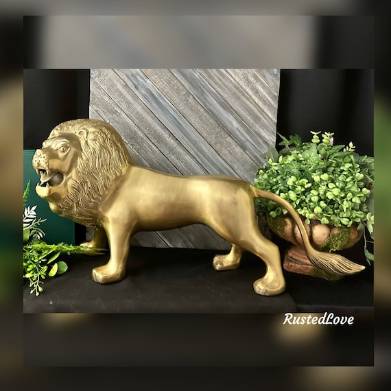 Brass Lion Statue / 23" Solid Brass Lion Figurine / Roaring Lion Statue / African Lion Gold Statue / Brass Polished Lion / Decorative Statue