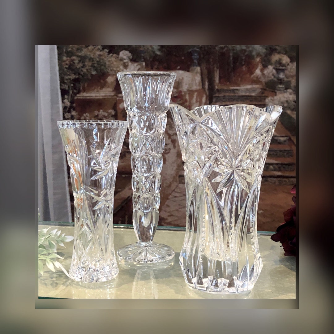 Crystal Cut Glass Vases / Vintage Glass Flower Vases / Etched Etsy