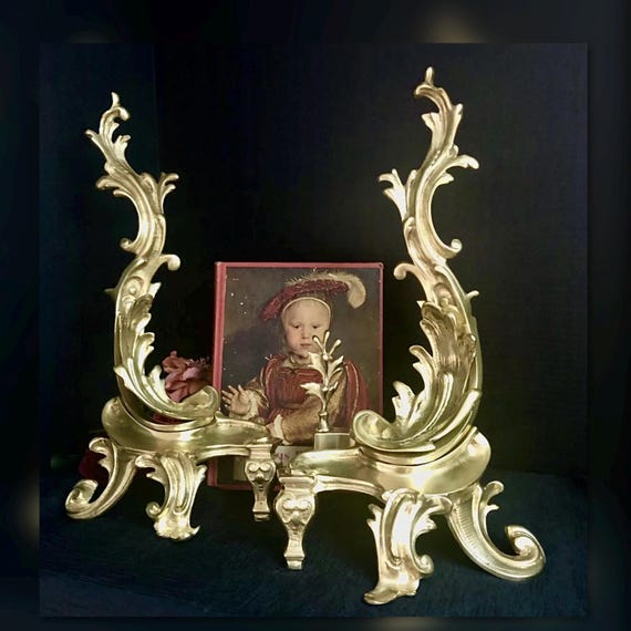 Antique Andirons Brass / Decorative Fireplace Gold / Hearth Home Decor / Vintage Fireplace Chenets / Rocco Louis XV Acanthus Leaves / French
