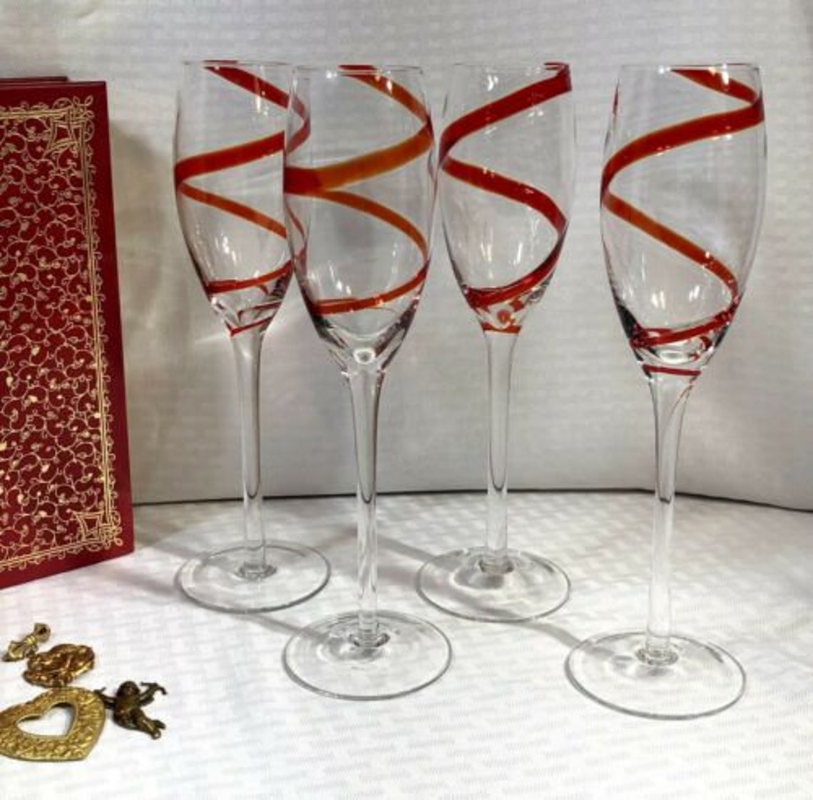Champagne Flutes / Pier 1 Red Swirline / Toasting Flutes / Etsy
