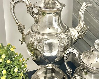 Antique Meriden Britannia Victorian Silver Plate Tea Coffee Set