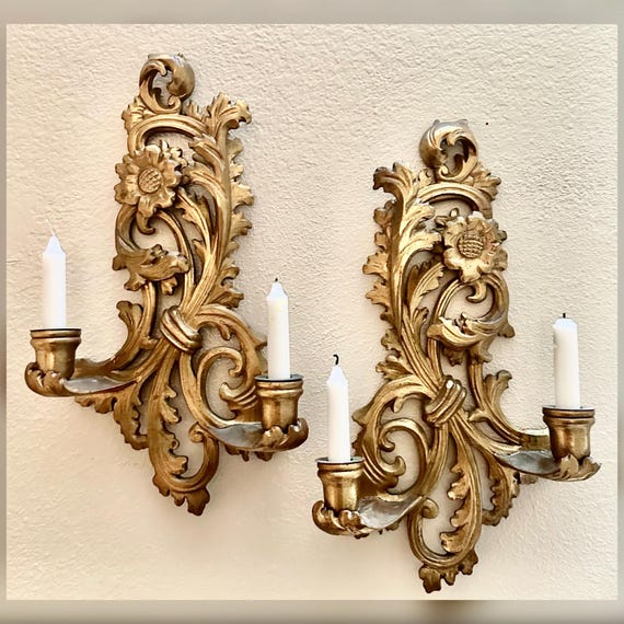 Antique Rococo Revival Gilt Wood Wall Sconces Pair Floral Candle Holders