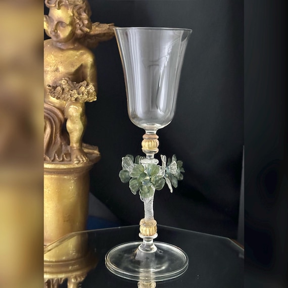 Murano Glass Venetian Tipetto Glass / Hand Blown Clear, Gold & Green Floral Tipetto Glass / Vintage Murano Wine Glass / Venetian Wine Glass