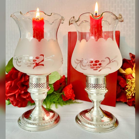 Sterling Silver Hurricane Candle Holders / Frosted Hurricane Glass Shades / Sterling Hurricane Candlesticks / Vintage Sterling Candle Holder