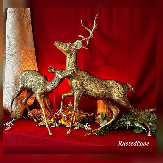 Brass Deer Christmas Holiday Statues Centerpiece Gold Deer Rustic Cabin LG #86