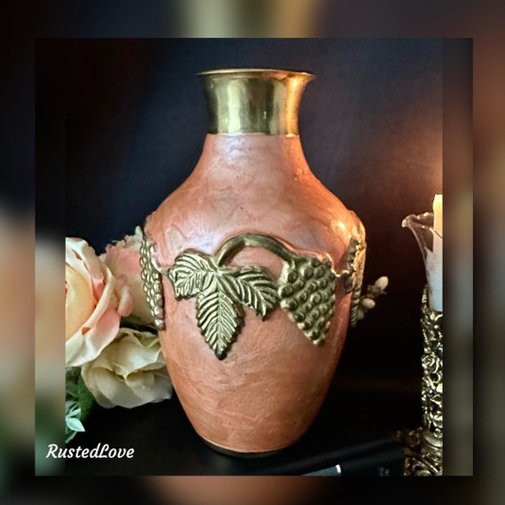 Brass Enameled Vase / Enameled Peach Vase / Grapes Decorative Flower Vase / Collectible Vase / Brass Vase / Centerpiece Vase / Peach Vase