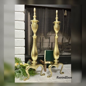 Brass Federal Styled Andirons / Solid Brass and Cast Iron Firedogs / Brass Vintage Fireplace Accessory / Federal Brass Vintage Andirons Pair