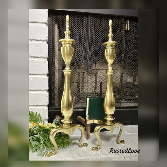 Brass Federal Styled Andirons / Solid Brass and Cast Iron Firedogs / Brass Vintage Fireplace Accessory / Federal Brass Vintage Andirons Pair