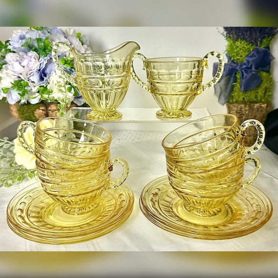 Vintage Fostoria Hermitage Topaz / Hermitage Yellow Glass Tea Cups & Saucers / Fostoria Hermitage Cream and Sugar / Hermitage Topaz Tea Cups