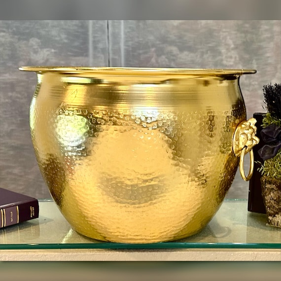 Large Indoor Gold Planter / Vintage Foo Dog Handled Gold Pot / Hammered Metal Indoor Floor Pot / Gold Finished Large Fish Bowl Planter