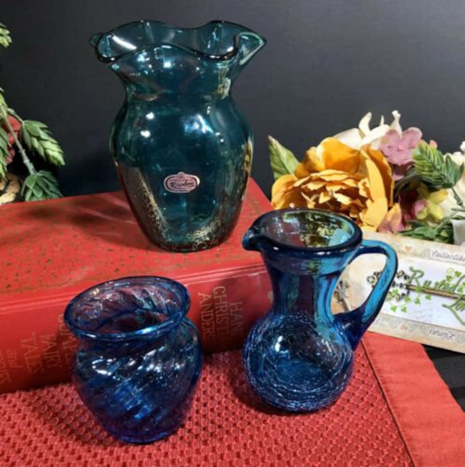 Vintage Small Hand Blown Crackle Glass Dark Blues Fenton Vase Etsy