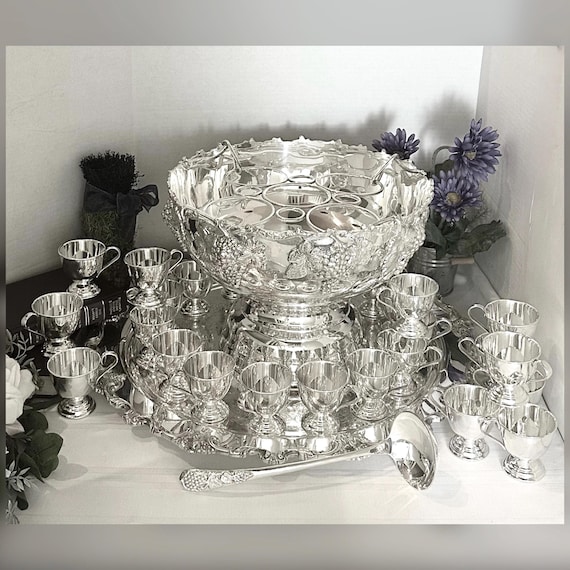 Silver Plated Punch Bowl Set / Beautiful XL Beverage Party Punch Bowl Serving Set /  Wedding Party Punch Bowl / 29 Pc Punch Bowl Set