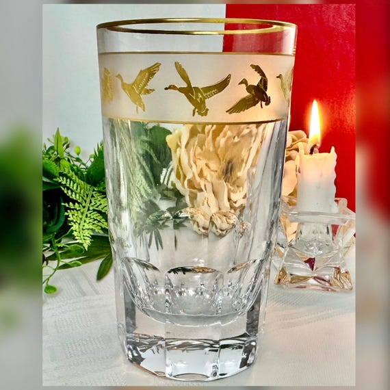 Val St Lambert Gold Mallards Highball Glass, Mid Century Modern Barware