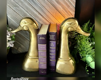 Vintage Heavy Brass Duck Head Bookends Pair, 1950s Duck Book Ends