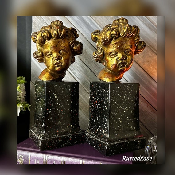 Vintage Bookends Borghese / Gilt Gold / Putti Book Ends / Cherubs / Gold Angels / Putti Book Holders / Office / Desk / Italian Chalkware