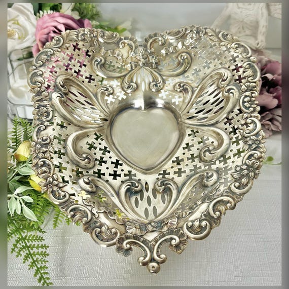 Gorham Sterling Silver Heart Bowl Pierced 12" Vintage Centerpiece