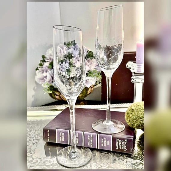 Pier 1 Crackle Champagne Flutes Pair Angled Rim Toasting Glasses