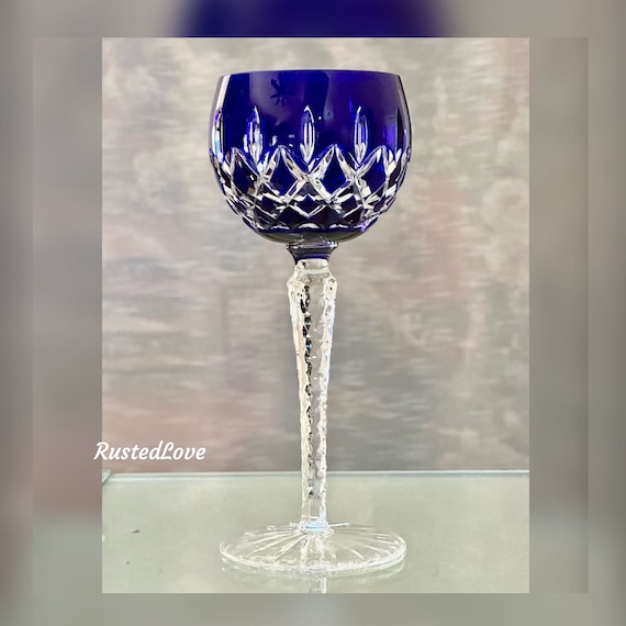 AJKA Arabella Cobalt Blue Hock Wine Glass / Vintage Ajka Cut to Clear Blue Glass / Ajka Hungry Wine Hock / Cobalt Blue Ajka Wine Hock - 1