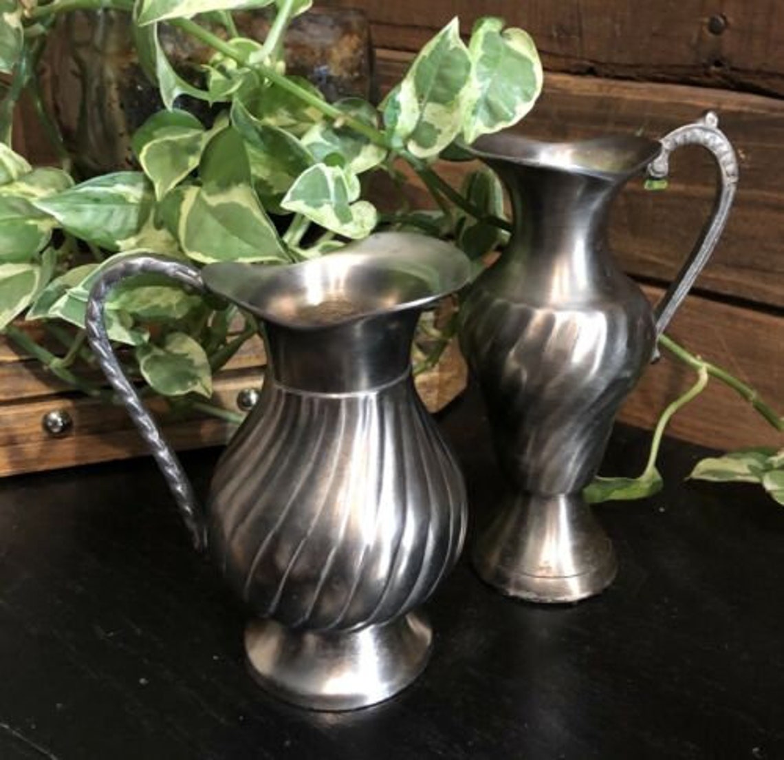 Pair of Pewter/Silver heavy Pitchers for flowers/collectible Etsy