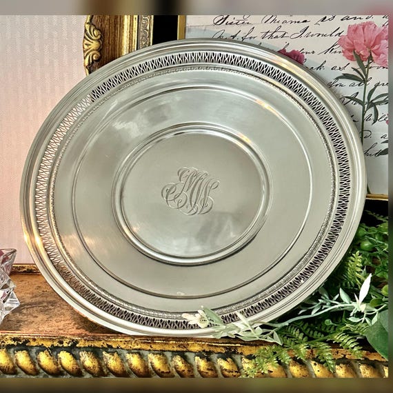 Sterling Silver Round Tray / Sterling Round Black Star & Frost 10” Dish / Silver Monogramed Sterling Platter / Vintage Sterling Bread Tray